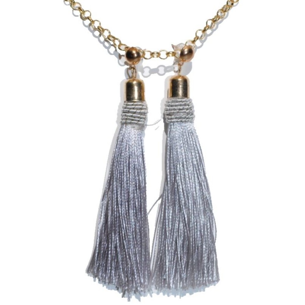 Gold-tone Boho Gypsy earrings with Gold Post Silver Gray Tassel - Picture 3 of 4